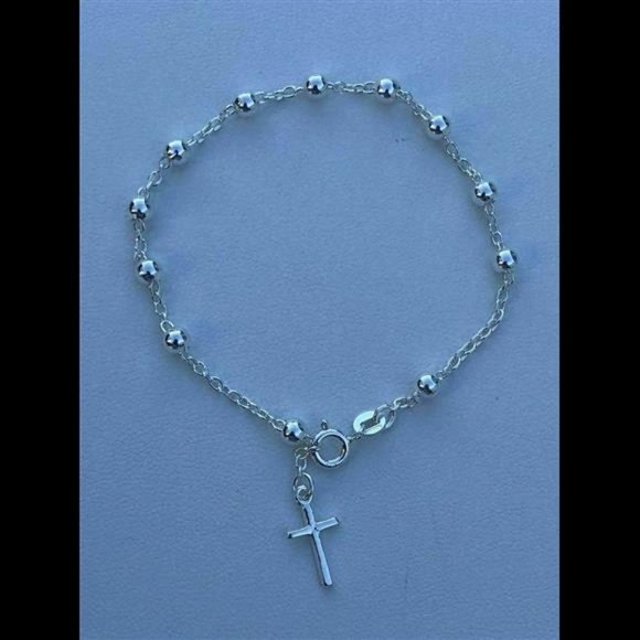 4mm Rosary Bead Rosario Cross Bracelet Genuine Solid 925 Sterling Silver… - Picture 4 of 9